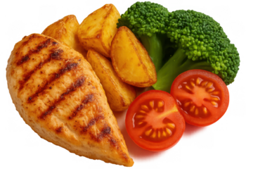 Grilled chicken breast with potato wedges, broccoli, and tomato halves, representing healthy balanced meal components