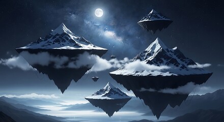 Floating Islands with Snow Capped Mountains Under a Full Moon.