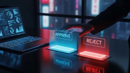 Digital Decision Making: Hand Interacting with Futuristic Approve/Reject Holograms & Data Analytics on Laptop