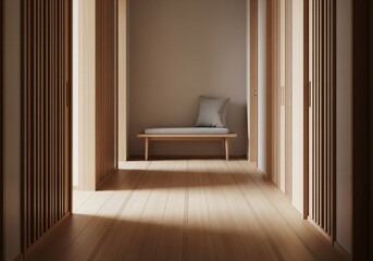 Long Wooden Hallway with Slatted Doors and Seating Nook