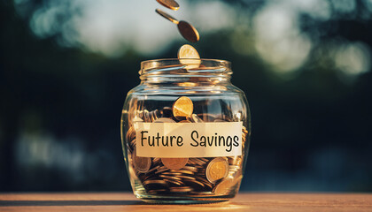 Investing in Future Savings Coins Dropping into a Glass Jar, Financial Planning Concept, Savings, Budgeting, Investment, Money, Growth.