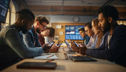 Diverse Team Working in Modern Office Professionals Using Smartphones and Laptops, Collaborating on Project with Technology, Data Analysis and Business Strategy
