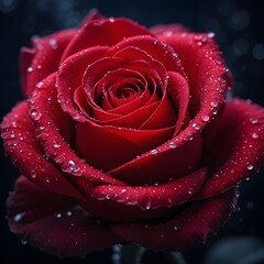 &ldquo;Close-Up Macro Shot of a Red Rose Covered in Dew Drops Against Dark Background &ndash; High-Detail Floral Photography, Romantic Nature Bloom&rdquo;