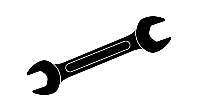 Single black wrench silhouette, isolated on white background with sharp studio lighting