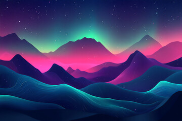 Abstract neon landscape background with glowing mountains and aurora borealis. Futuristic synthwave digital art with colorful pink and teal gradients for modern creative wallpapers