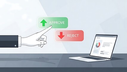 Digital Business Decision: Hand Pointing to Approve or Reject Buttons with Laptop Data Analysis