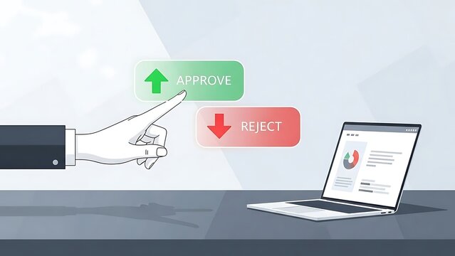 Digital Business Decision: Hand Pointing to Approve or Reject Buttons with Laptop Data Analysis - Powered by Adobe