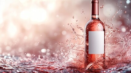 Stunning rose wine bottle splashing dynamically in liquid with vibrant bokeh background perfect for summer promotion