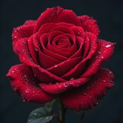 &ldquo;Close-Up Macro Shot of a Red Rose Covered in Dew Drops Against Dark Background &ndash; High-Detail Floral Photography, Romantic Nature Bloom&rdquo;