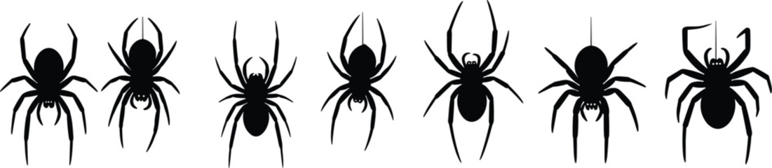 Large Collection of Diverse Vector Silhouettes, Featuring Horses, Stylized Floral Designs, Elderly Man, Centipedes, and Spiders, Detailed Black and Blue Graphic Set.