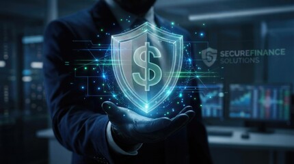 Businessman presenting a glowing digital shield with dollar sign and secure finance logo money security