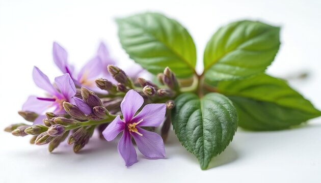 Isolated Thai basil blooms with fresh green leaves on white. Flower close up shows organic herb with medicinal properties. Plant is used in aromatherapy and perfumery.