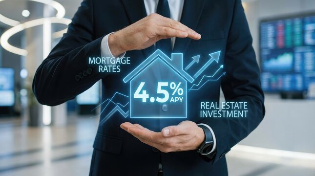 Businessman illustrating mortgage rates and real estate investment with a house icon and 4.5% APY suit