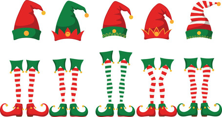 Christmas elf costume clipart set, festive hats and striped legs with curled shoes and bells, holiday icon bundle
