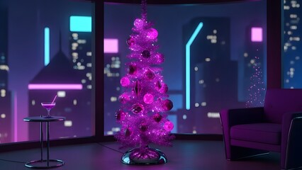 Retro-Future Pink Christmas Tree in Glowing Cyber City Apartment