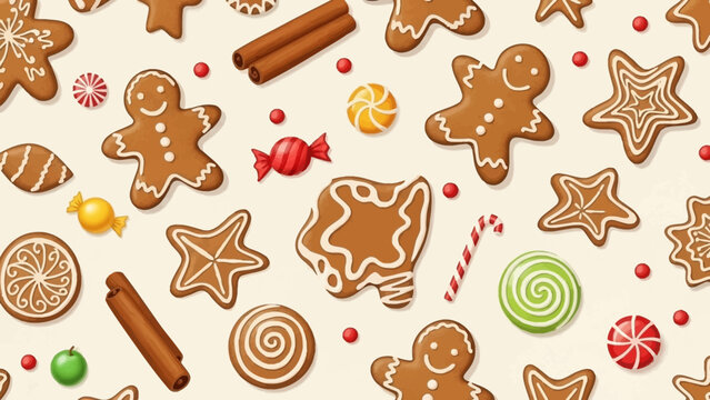 Festive gingerbread man pattern with cinnamon sticks and colorful candies