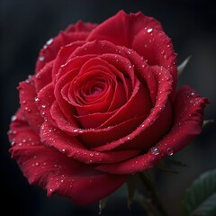 &ldquo;Close-Up Macro Shot of a Red Rose Covered in Dew Drops Against Dark Background &ndash; High-Detail Floral Photography, Romantic Nature Bloom&rdquo;