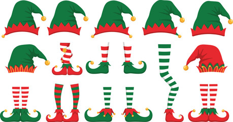 Christmas elf costume icon set, whimsical hats and striped legs with curled shoes, festive clipart bundle