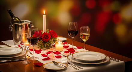 A romantic and intimate dinner table setting for two, featuring a centerpiece of red roses and scattered rose petals. The table is lit by two candles, and glasses are filled with red and white wine