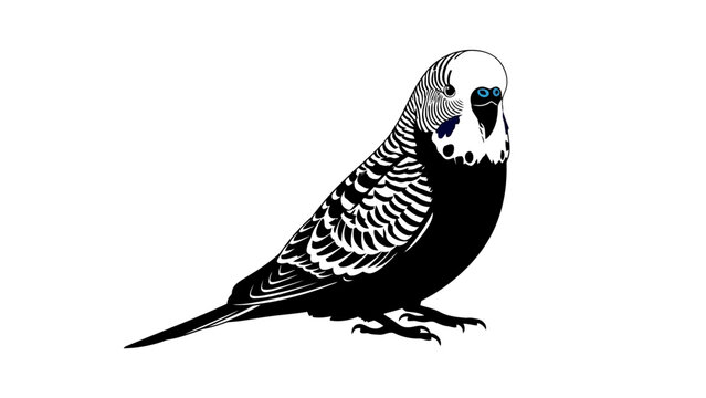 Single budgerigar black and white silhouette isolated on white background