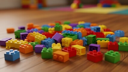 A vibrant pile of colorful interlocking plastic building blocks scattered on a wooden floor for creative play.