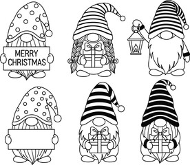 Christmas gnome illustration set, black and white festive characters with gifts, signs, lanterns, clipart bundle for coloring