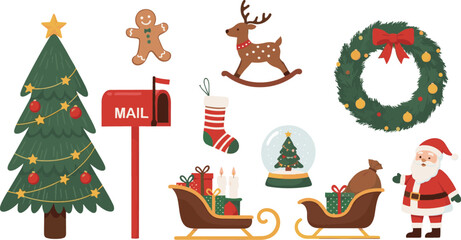 Christmas icon illustration set, festive holiday symbols, Santa, sleigh, tree, mailbox, stocking, wreath, clipart bundle