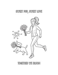  Labrador, Romantic floral dog coloring pages with women and puppies, heart backgrounds, flowers, and cute pets for adult coloring books
