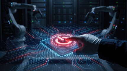 Hand in glove pressing glowing power button with robotic arms in background