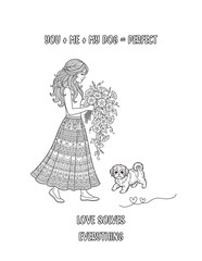 Shih Tzu, Romantic floral dog coloring pages with women and puppies, heart backgrounds, flowers, and cute pets for adult coloring books
