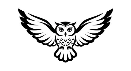 Black and white owl illustration with wings extended on white background
