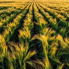 Naklejka premium Rows of golden crops bathed in warm sunlight on a farmland field
