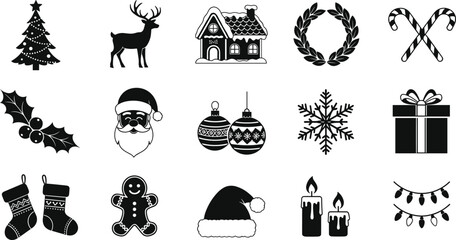 Christmas icon set in black and white, festive holiday symbols, Santa, tree, gift, snowflake, clipart bundle