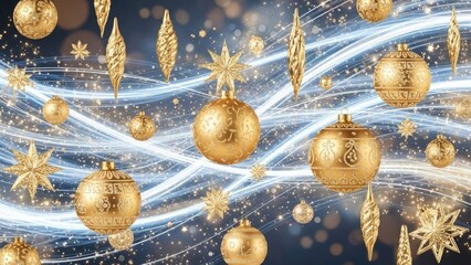 Luxurious Golden Christmas Ornaments with Sparkling Light Trails Background