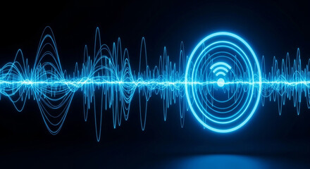 Dynamic blue sound wave visualization pulses with bright neon light signifying wireless data transmission and connectivity
