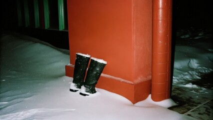 Dark Chirstmas Snow-covered boots leaning against a vibrant red wall.
