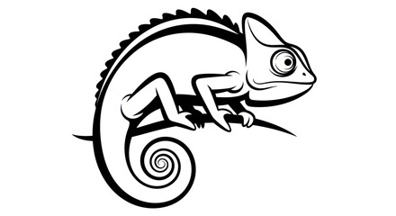 Black and white vector illustration of a chameleon perched on a branch