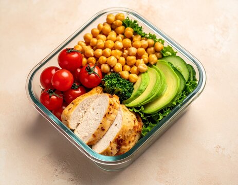 Gesunde Meal-Prep-Boxen mit Kichererbsen, Huhn und frischem Gem&uuml;se &ndash; Zero Waste