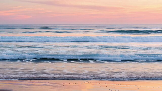 Slow-motion wide shot of gentle ocean waves rolling toward the shore, soft pastel sunset colors, relaxing atmospheric mood
