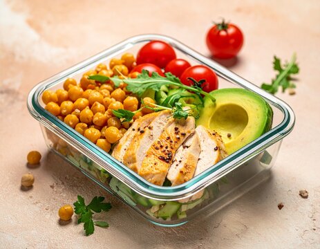 Gesunde Meal-Prep-Boxen mit Kichererbsen, Huhn und frischem Gem&uuml;se &ndash; Zero Waste