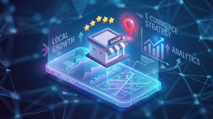 Isometric smartphone displaying e-commerce strategy with shop icon and growth analytics local growth