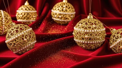 Luxurious Gold Christmas Ornaments with Pearls on Rich Red Velvet Background