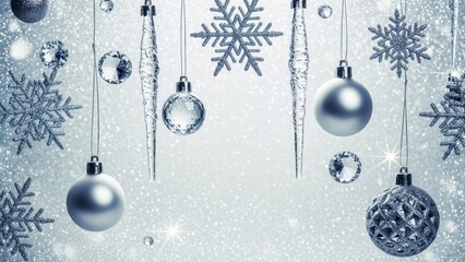 Elegant Silver Christmas and Winter Holiday Sparkling Background with Ornaments and Copyspace