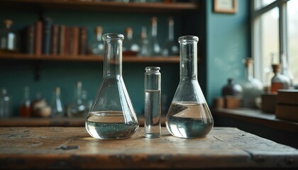 Vintage lab glassware holds clear liquid solutions. Two Erlenmeyer flasks, one test tube rest on rough wooden table. Old study room background bookshelves, bottles. Setup suggests scientific