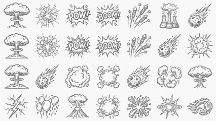 Comic Impact Icons: A Grid of Hand-Drawn Black-and-White Explosions, Lightning Bolts, &ldquo;POW!&rdquo;, &ldquo;BOOM!&rdquo;, and Meteor Bursts for Bohemian-Inspired Visual Storytelling in Campaigns, UI, and Graphic 