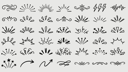 Ornamental Burst Grid: Black-and-White Flourishes, Swirls, Lightning Bolts, Stars, and Arrows for Bohemian-Inspired UI Accents, Typography Embellishments, and Mystical Visual Storytelling