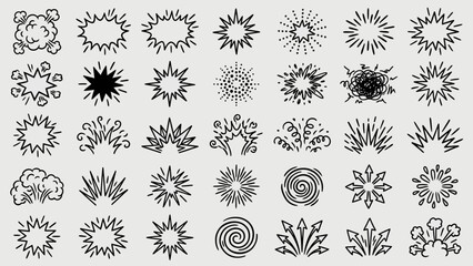 Organic Burst Icons: A Grid of Black-and-White Abstract Shapes Featuring Starbursts, Spirals, Clouds, and Floral Forms for Bohemian-Inspired UI, Branding, and Mystical Visual Storytelling