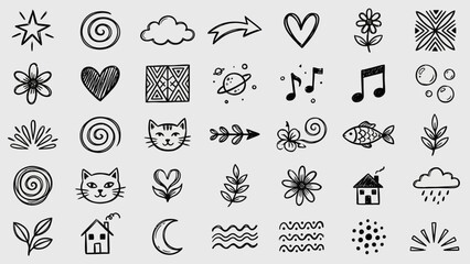 Whimsical Nature Doodles: A Grid of Hand-Drawn Black-and-White Icons Featuring Cats, Clouds, Spirals, Celestial Symbols, and Musical Notes for Bohemian-Inspired Journaling, UI, and Visual Storytell