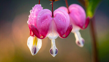 Close-up of two delicate pink bleeding heart flowers with water droplets, glowing in soft morning light.