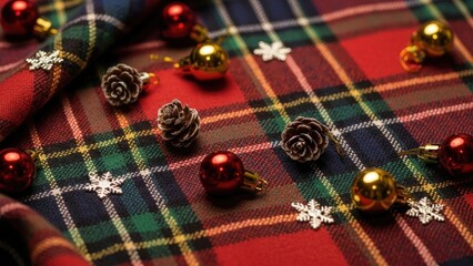 Festive Holiday Plaid Background with Classic Christmas Ornaments and Pinecones